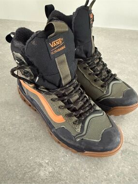 MT Olive Green and Black High-Top Hiking Boots with Orange Accent